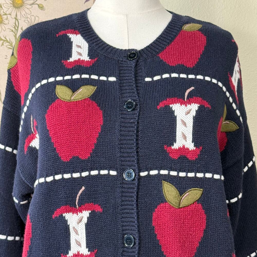 Y2k Embroidered Apple Cardigan Sweater Whimsy Twee Novelty Art Teacher Cottage L - Picture 3 of 10